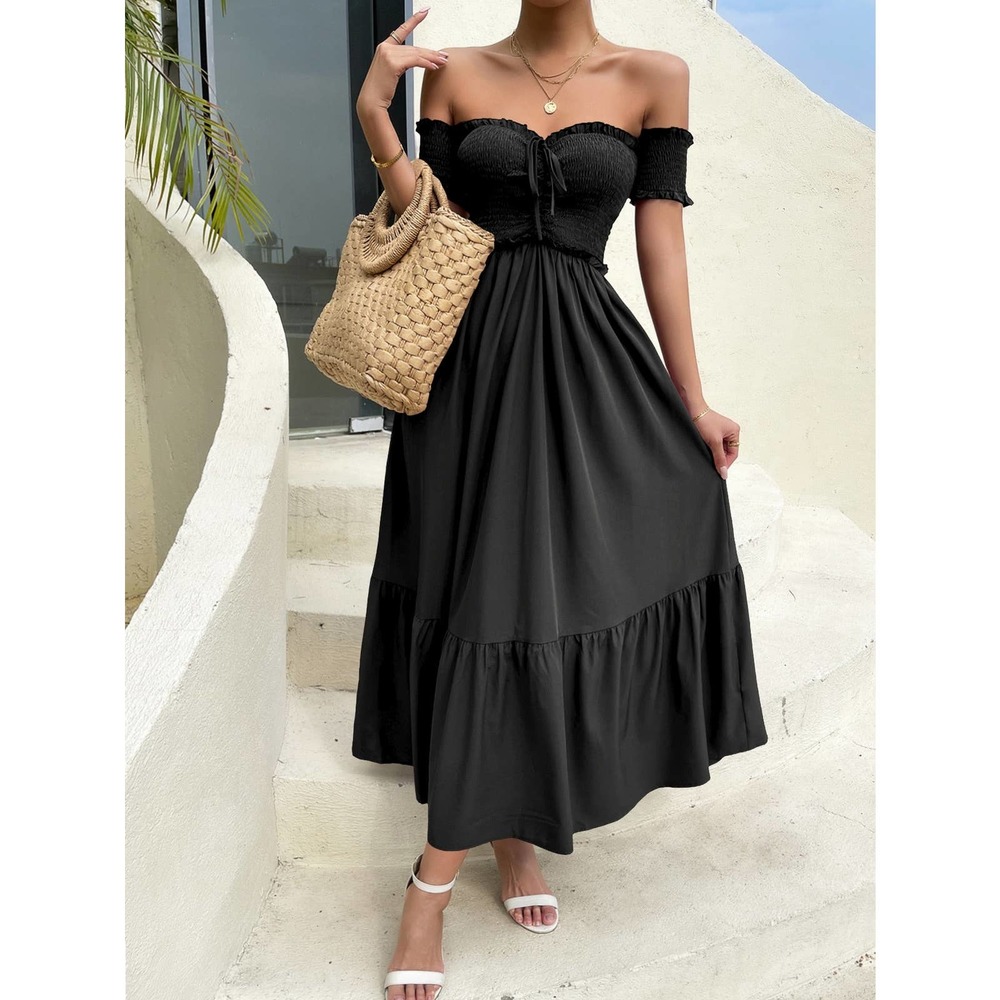 Off the Shoulder Shirred Bodice Ruffle Hem maxi Dress boho black - Picture 1 of 6